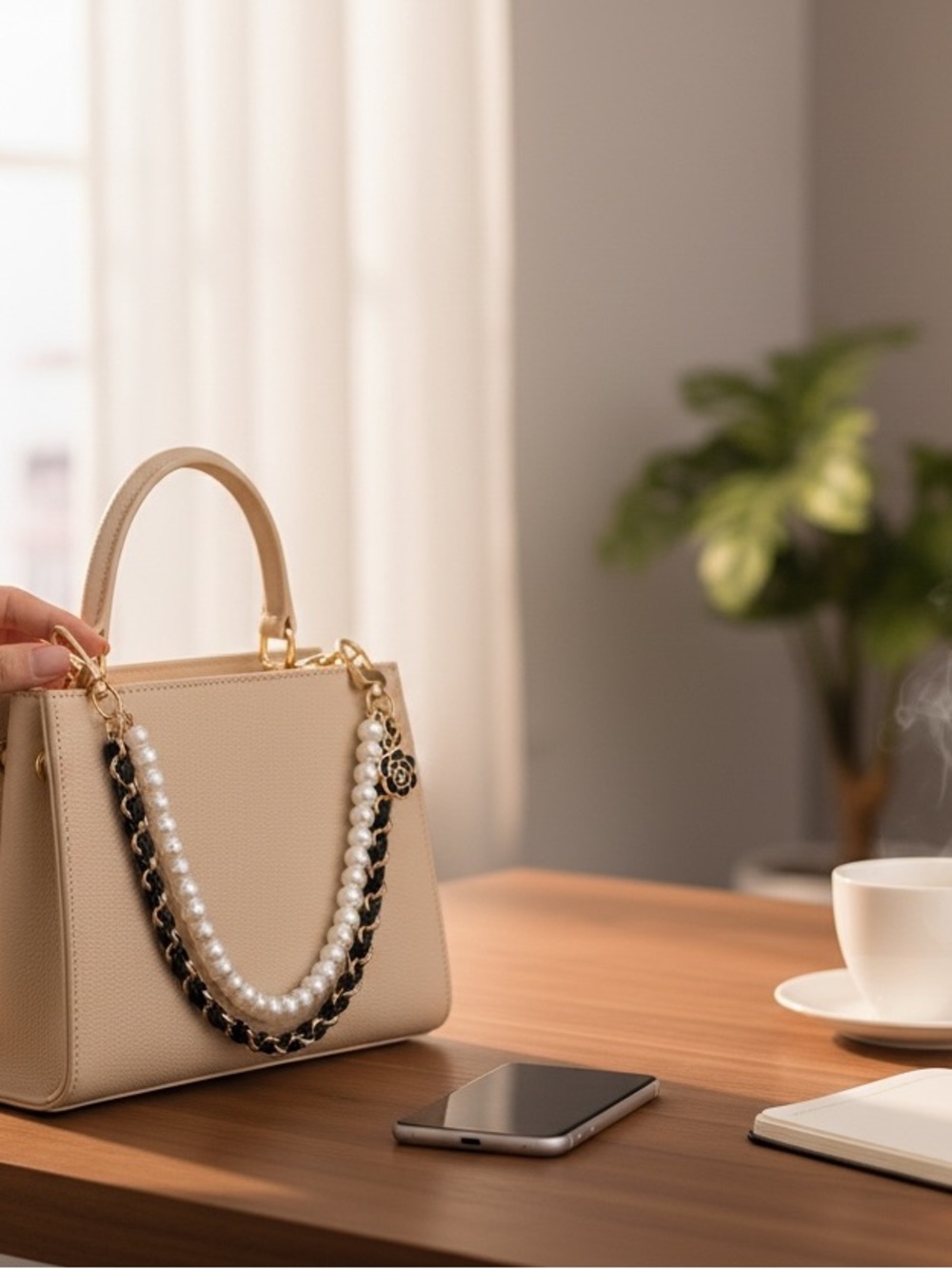 Cream Structured Top-Handle Satchel with Pearl & Chain Strap - Picture 1 of 2
